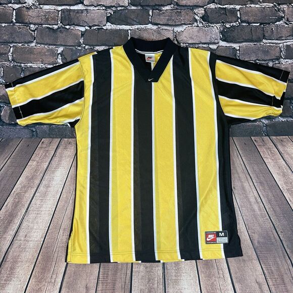 Vintage Nike Soccer Jersey Yellow Black Striped Center Swoosh Size M 90s Team - Picture 2 of 16